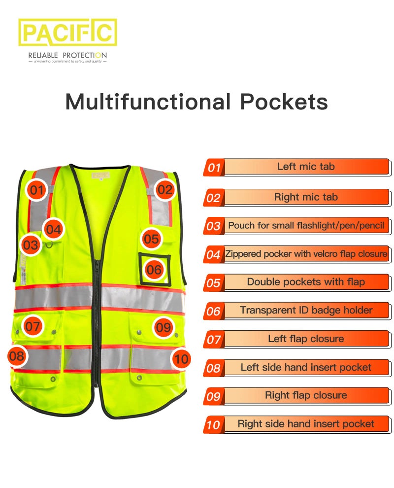 PACIFIC PPE PACIFIC 10 Pockets Safety Vest for Men, 3M High Visibility Reflective Strips with Pockets and Zipper, ANSI Class 2, Yellow, XX-Large - Image 4